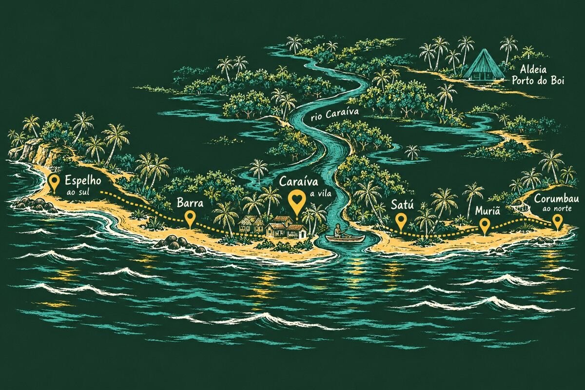 Mapa rascunhado do litoral: ao sul, Praia do Espelho e Praia da Barra; a vila de Caraíva na foz do rio; ao norte, Praia do Satú, Praia de Muriã e Corumbau; a Aldeia Pataxó Porto do Boi ao longo da costa norte.